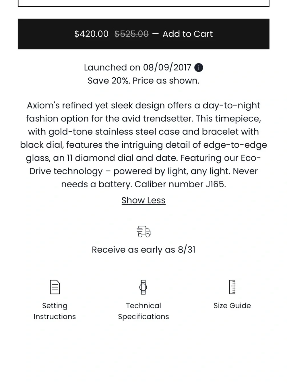 Citizen Axiom Eco-Drive Watch with Black Dial and Crystal Markers